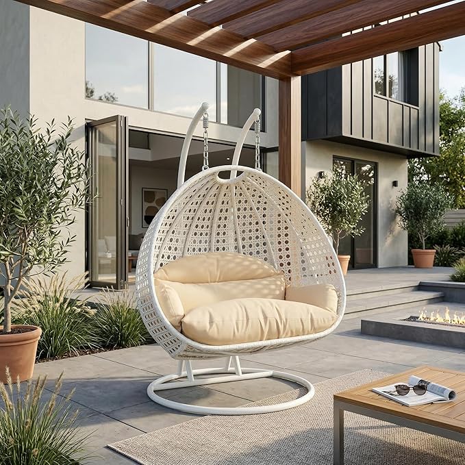 LeisureMod 2 Person Wicker Egg Chair Outdoor Indoor Bedroom Patio Hanging Lounge Swing Hammock Chairs with White Stand and UV Resistant Cushions (Cream)