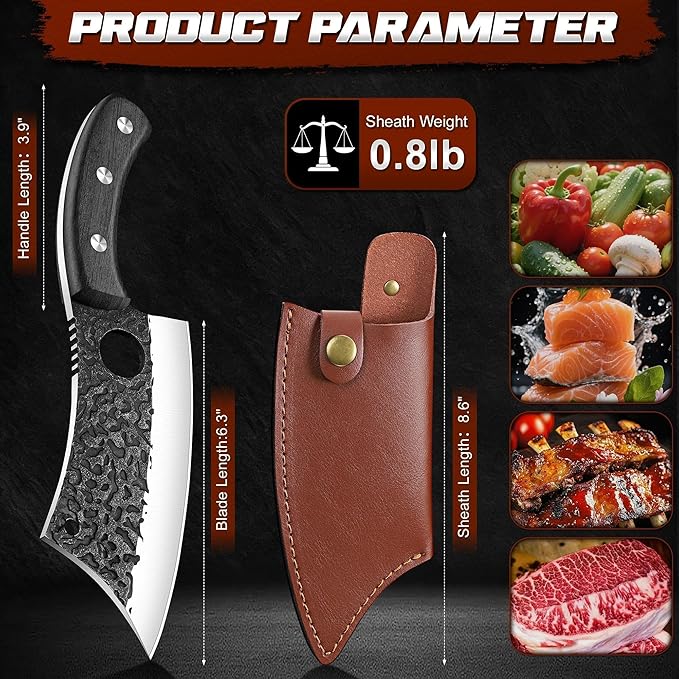 ROCOCO Meat Cleaver Butcher Knife - Sharp Full Tang Knife with Sheath for Home Outdoor BBQ Camping Mother Father Gift Idea Men Black 6.3