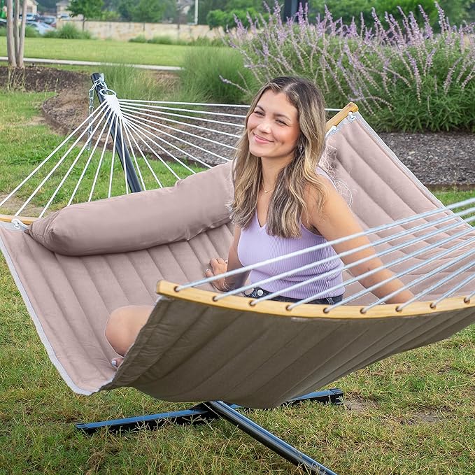 Double Hammock with 12 FT Stand 2 Person Curved Bar Hammock with Stand Pillow and Portable Carrying Bag Heavy Duty 450lbs Capacity Tan