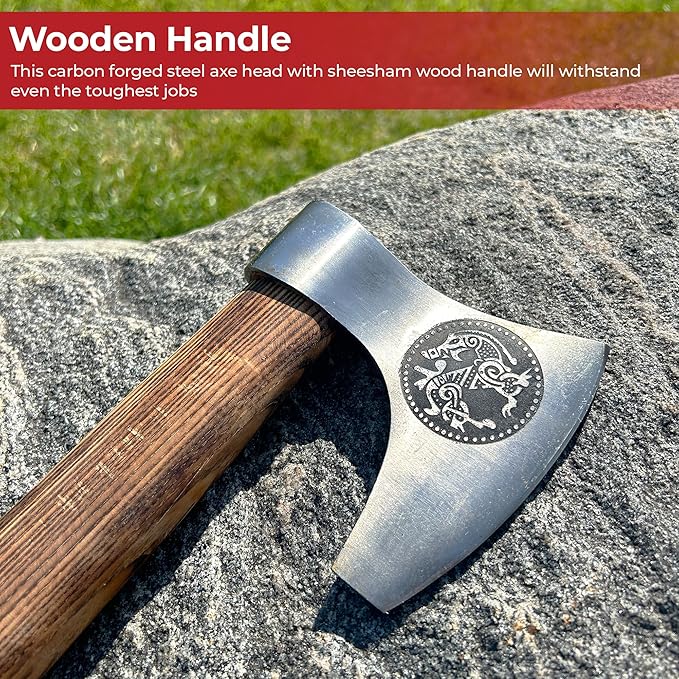 MedievalDepot Warhorse High Carbon Forged Steel Bearded Axe - Overall 20 Outdoor Axe with Genuine Leather Sheath