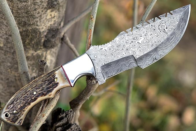 Ottoza Tracker Knife with Horizontal Carry Leather Sheath and Stag Horn Handle – Damascus Fixed Blade Hunting Knife for Survival and Outdoor Use 114