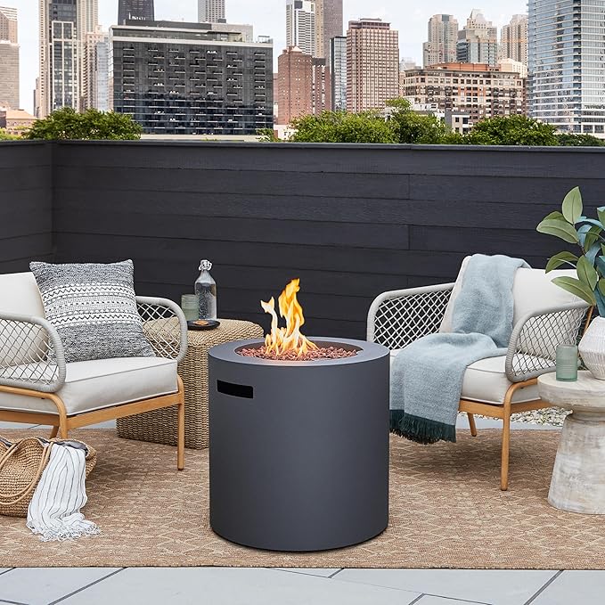 Real Flame Aegean 24 Round Propane Gas Fire Pit Table with Hidden Tank 50000 BTU Powder-Coated Steel Push-Button Ignition Lava Rock Storage Cover Stainless Steel Burner with Lid - Wthrd Slate