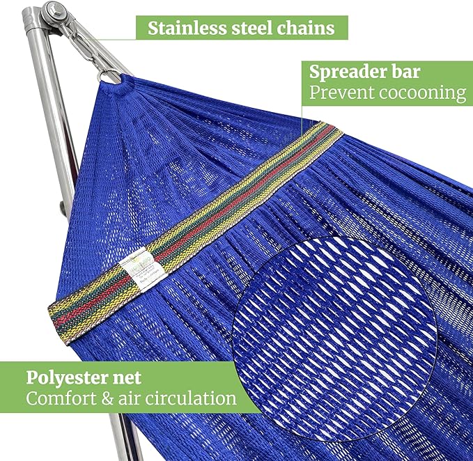 Tranquillo Double Hammock with Stand 650lb Capacity Double Hammock with Spreader Bar Solid Grade 201 Stainless Steel 30s Set Up Sturdy Flexible Hammock Stand Portable (Blue)