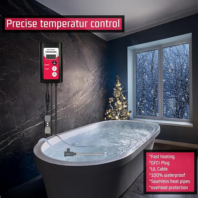 1300W Immersion Hot Tub &amp Pool Water Heater Portable Electric Submersible Heater with Temp Control and GFCI for Above-Ground Pool Inflatable Pool baptistry Bathtub baptismal pool &amp pond