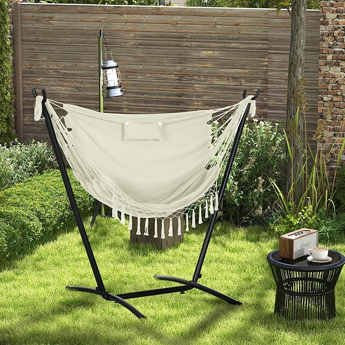 Outdoor Hammock Chair with Stand Patio Swing Hanging Chair with Pillow and Side Pocket 330 lbs Capacity Steel Frame Lounge Chair for Garden Balcony Cream White