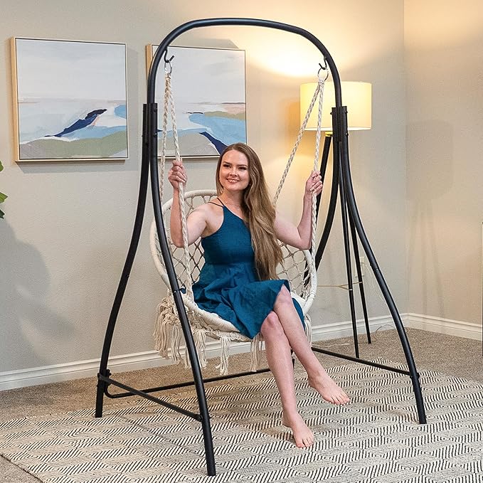 SUNCREAT Indoor Hammock Swing Chair with Stand Hanging Chair Outdoor with Stand 400 lbs Capacity Beige