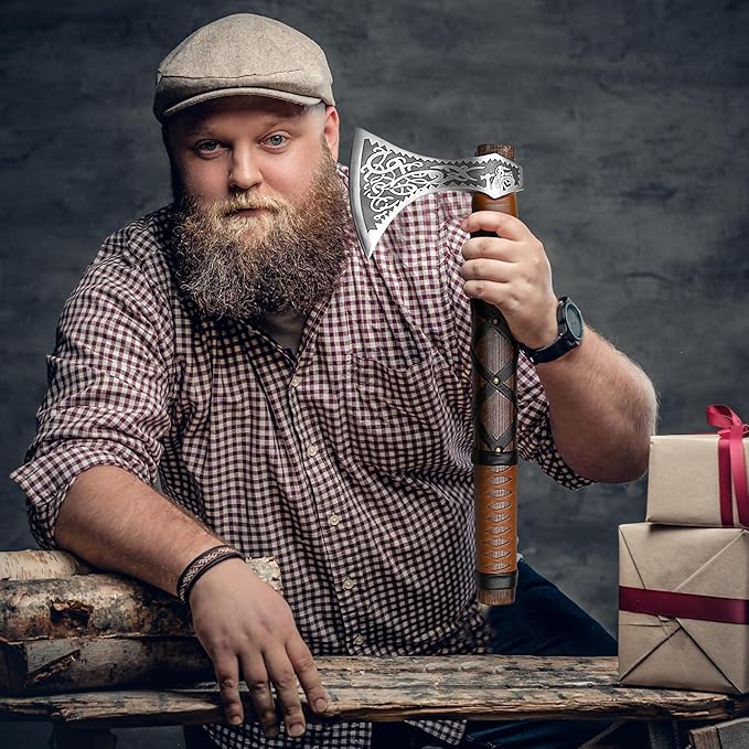 SHINY CRAFTS® Handcrafted Viking Axe – Engraved Nordic Blade with Wooden Handle Unique Gift for Men Collectors Cosplay and Medieval Decor (Brown-VBA-04-A)