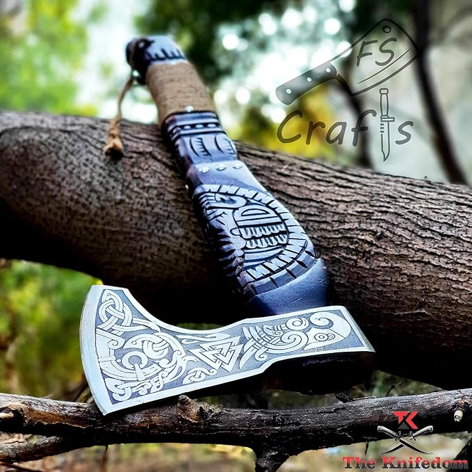 FS Crafts 21 Custom Handmade Carbon Steel Viking Axe Hand Forged Outdoor Hunting Camping Norse Axe Hatchet Bearded Dane Axe Ragnar Engraved Handle with Leather Sheath AXE003FR