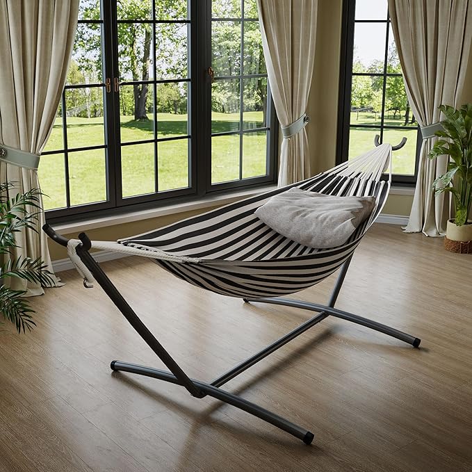 GarveeLife Double 2 Person Hammock Indoor Outdoor Standing Hammock with Space Saving Steel Stand Carry Bag 450 LBS Weight Capacity Suitable for Garden Camping Beach Black