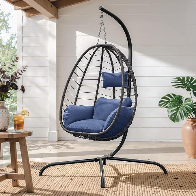 ALAULM Foldable Egg Chair with Stand 485LBS Capacity Wicker Rattan Hammock Swing Chair for Outdoor &amp Indoor Patio Hanging Chair with Strong Frame &amp UV Resistant Cushion for Balcony Bedroom