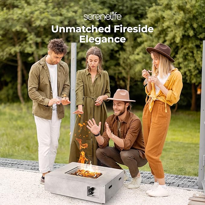 SereneLife Propane Gas Fire Pit Table 40000 BTU Square Outdoor Firepit with Protective Cover Durable Metal Construction and Stylish Design for Patio or Backyard