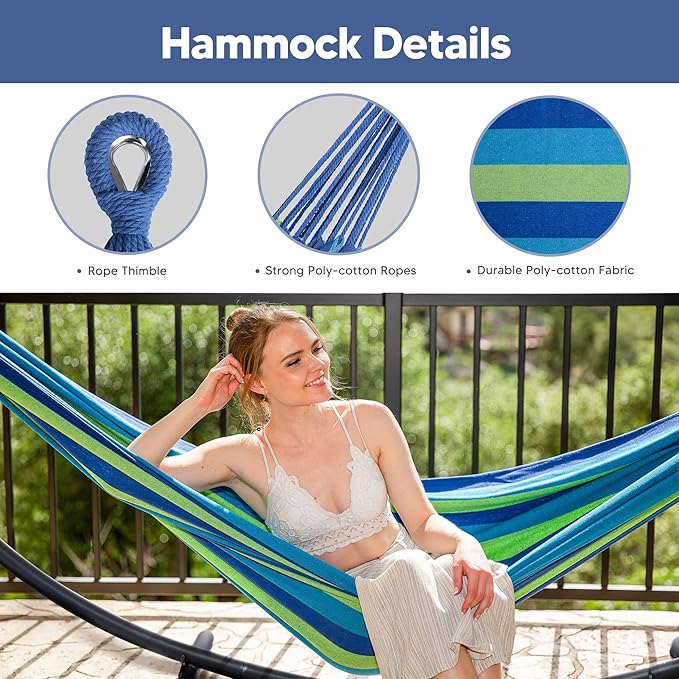 SUNCREAT Portable Outdoor Hammock with Stand Included Double Hammock with Stand for Outside Blue &amp Green Stripes