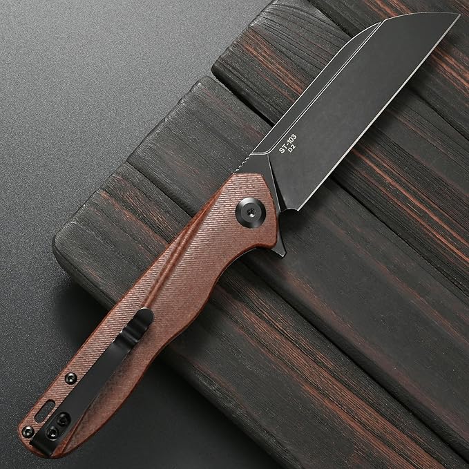 Sitivien ST103 Folding Knife D2 Steel BladeMicarta Handle EDC Tool Knife for Outdoor Camping Hunting Survival(Brown)