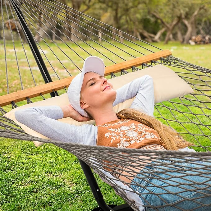 SUNCREAT Rope Hammock with Stand Included Portable Double Hammock with Soft Pillow Gray