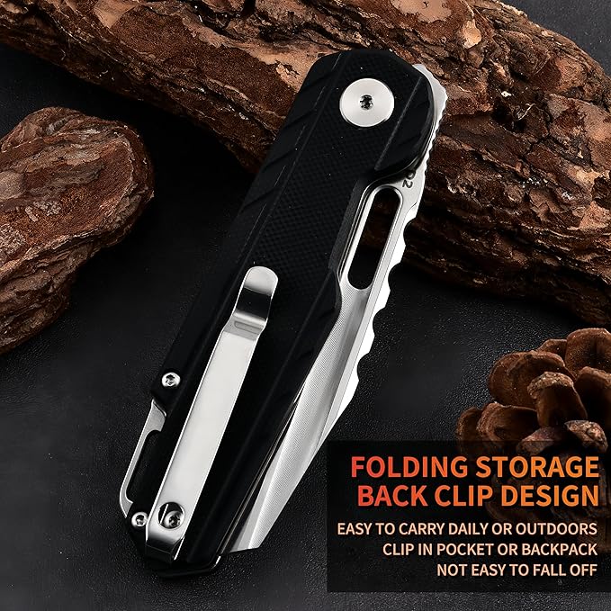 D2 Steel Folding Pocket Knife - EDC Utility Knife with G10 Handle for Camping Hiking(Black)