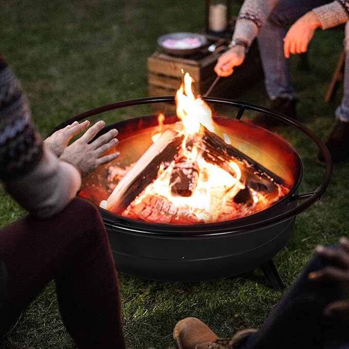 SUNCREAT 42 Outdoor Portable Fire Pit with Spark Screen Fire Poker Wood Burning Patio Fire Pits with Protective Ring Black