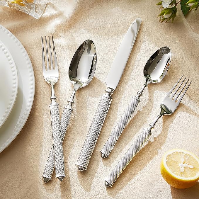 KINGSTONE Retro Rope-Pattern Silverware Set 30-Piece Flatware Set Cutlery Set Forged with Handcrafted Texture Handles 18/10 Stainless Steel Dishwasher Safe