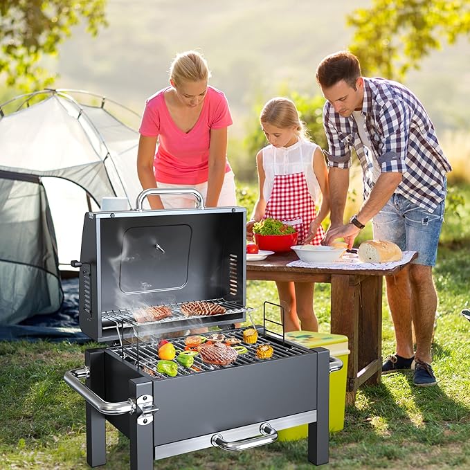 BBQCuker Portable Charcoal Grill with Warming Rack Tabletop Charcoal Grill Small BBQ Grill with Thermometer(100-800°F) Outdoor Charcoal Smoker for Camping Picnic Hiking Beach and Travel