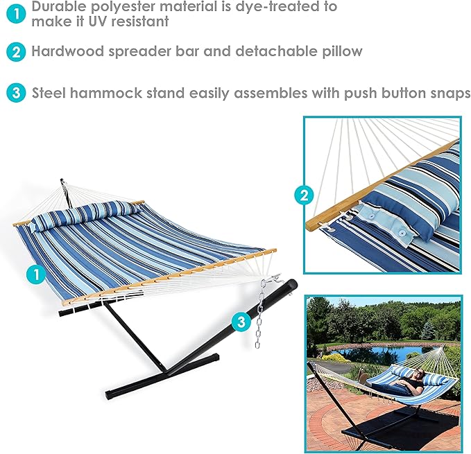 Sunnydaze Quilted Double Hammock with Stand for Outside - 350-Pound Capacity 2-Person Hammock with Stand - 12-Foot Stand - Misty Beach