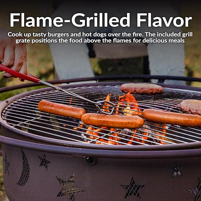 Sunnydaze Cosmic 30-Inch Patio Fire Pit for Outside - Outdoor Wood-Burning Fire Pit with Grill Grate Spark Screen and Fireplace Poker