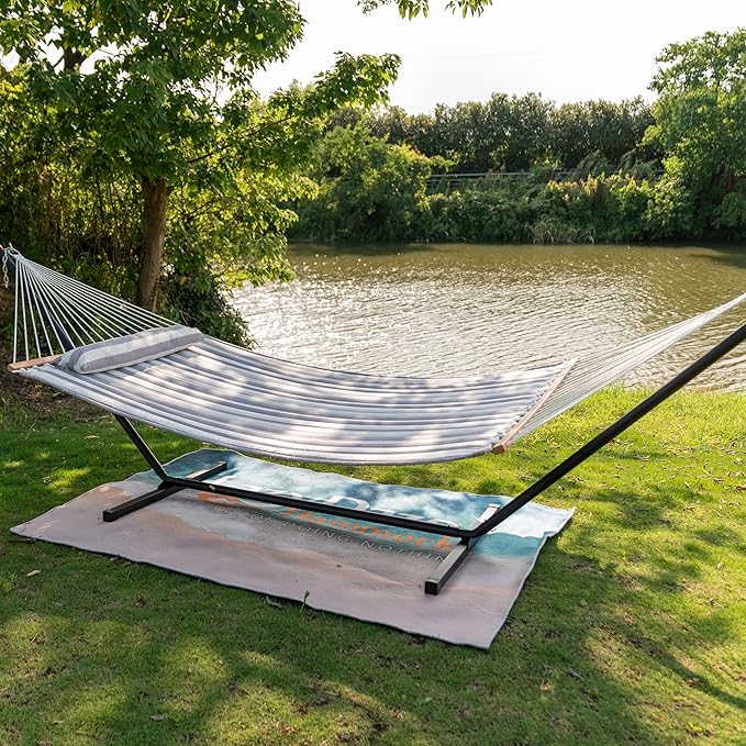 Lazy Daze Hammocks 12FT Quilted Fabric Double Hammock with Spreader Bars and Detachable Pillow 2 Person 450 lbs Capacity Gray White