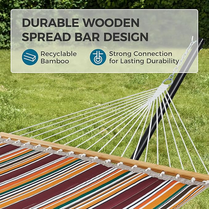 SUPERJARE Hammock with Stand 2 Person Quilted Outdoor Hammock Detachable Pillow &amp Bamboo Spreaders Portable Hammock with Carrying Bag Heavy Duty Stand Perfect for Outside Patio Maple-Leaf R