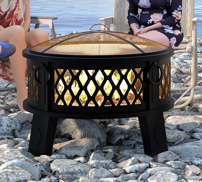 Fire Beauty 26 Steel Fire Pit with Grill &amp Diamond Mesh Design360° Airflow Tech for 80% Less SmokeXL FlamesHeavy-Duty Portable Outdoor Fire Bowl for Camping Backyard Beach (22lbs 4 Handles)