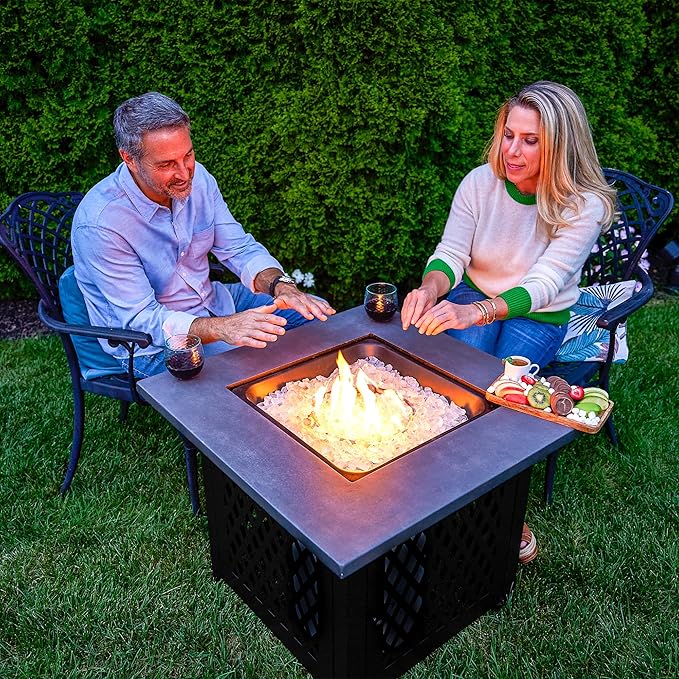 Endless Summer Charles 30 Inch Square Outdoor UV Printed 50000 BTU LP Gas Fire Pit Table with Faux Concrete Mantel Tabletop and Stamped Steel Base