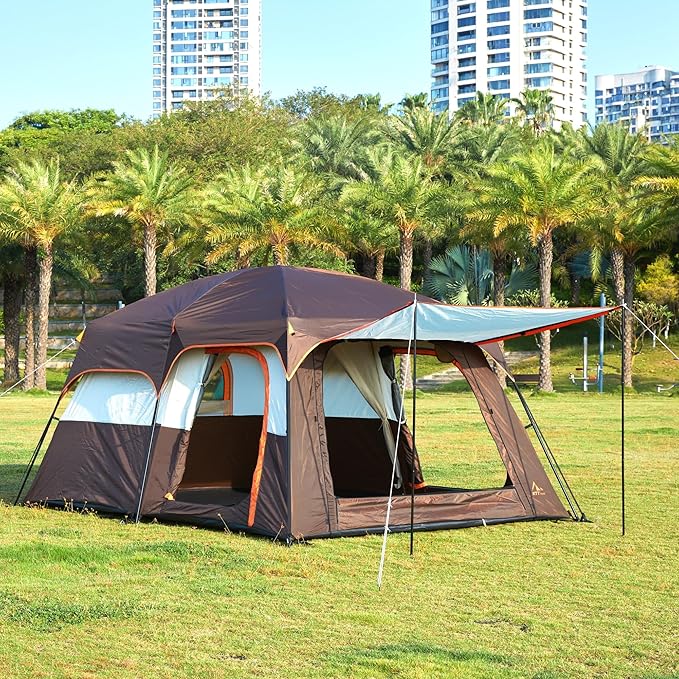KTT Large Tent 6-8-10-12 PersonFamily Cabin Tents2 Rooms2 Doors and 4 Windows with MeshStraight WallWaterproofDouble LayerBig Tents for OutdoorPicnicCampingFamily Gathering