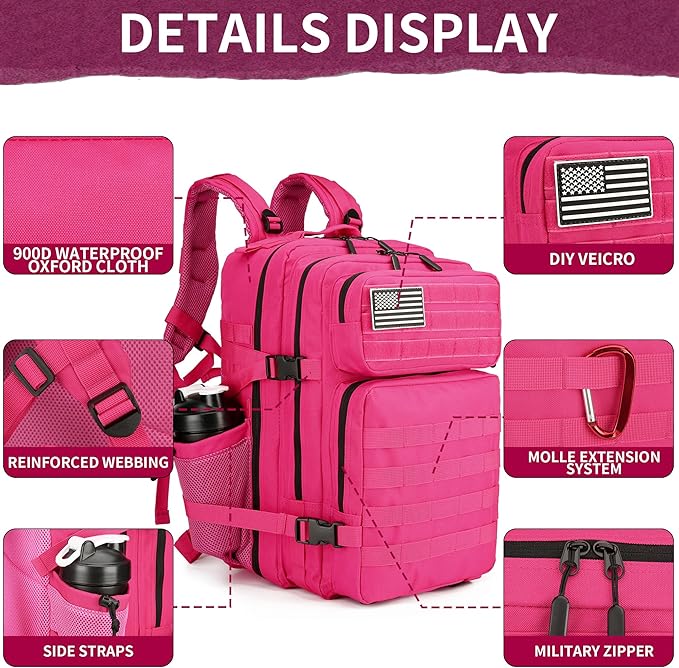 45L Military Tactical Backpacks 3 Days Assault Pack Bag Fitness Rucksack 3 Day Bug Out Bag Hiking Treeking Molle Daypack (RoseRed&ampBlack)