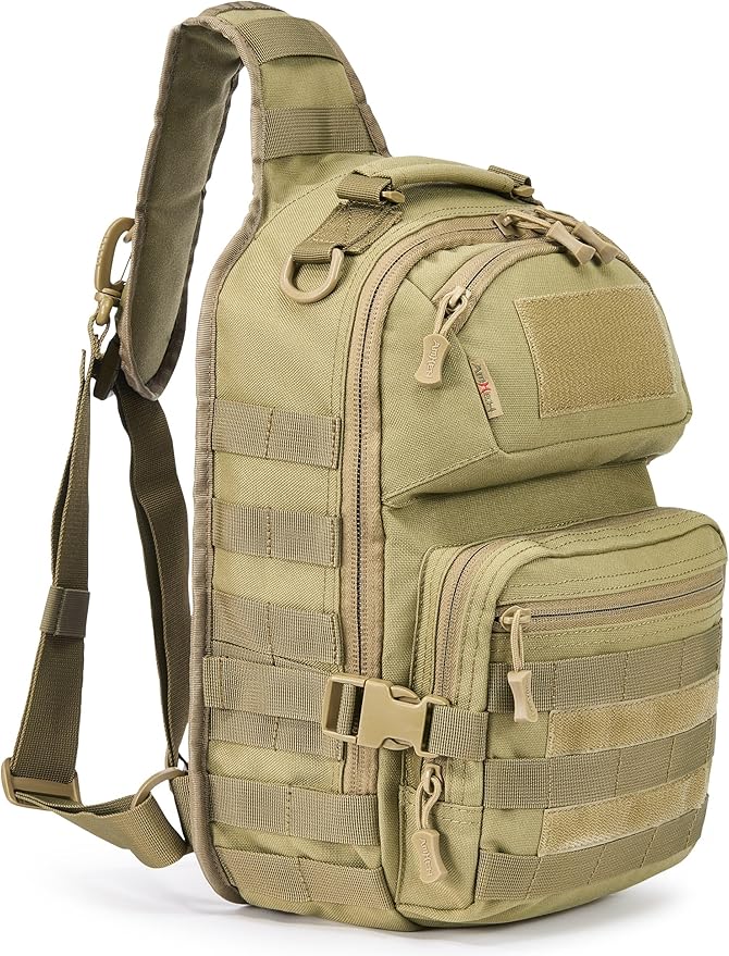 AMHEH 15L 1050D Tactical Sling Bag - Everyday Carry Crossbody Backpack with MOLLE and Concealed Back Pocket Fits 12 Laptop Tan