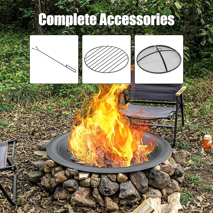 OutVue 35 inch Steel Fire Pit Bowl for DIY or Replacement Existing Fire Pits Wood Burning Fire Pit Bowl with Spark Screen &ampFire Poker Fireplace for Backyard Porch Deck Camping BBQ(Smooth)