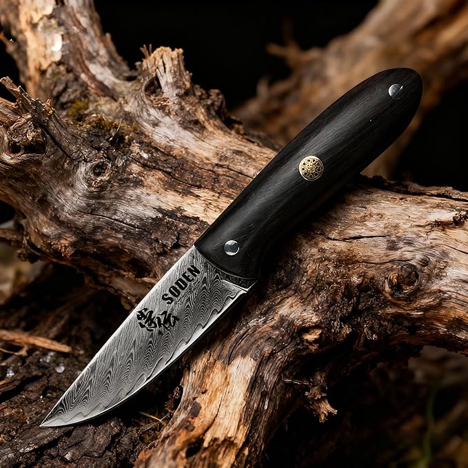 SODEN Damascus Camping Knife VG-10 Core Full Tang Fixed Blade for Survival &amp Outdoor Hunting | Ergonomic Rosewood Handle | Premium Knife Tool