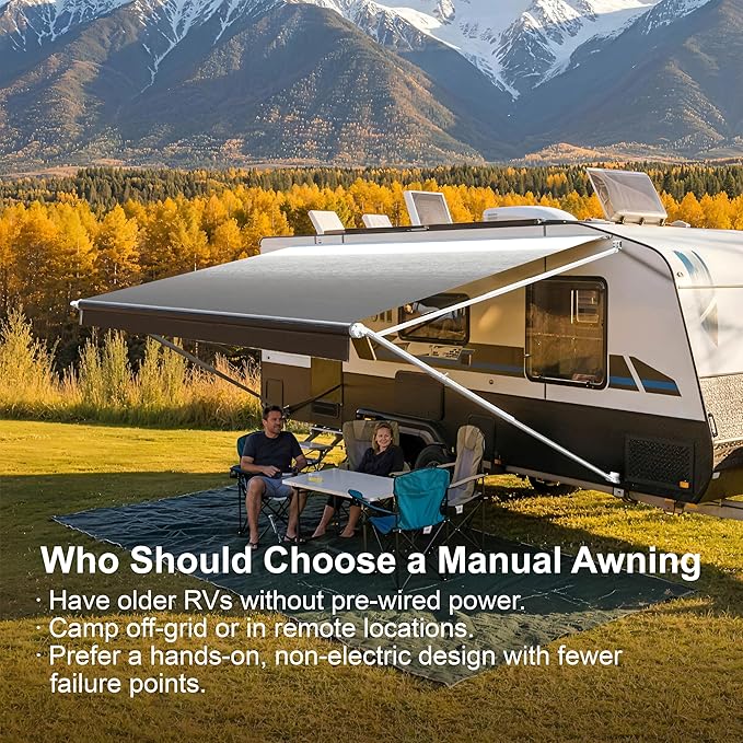 Suncode RV Awning for RVCamper&ampTravel Trailers–Manual RV Awning Complete KitManual Camper AwningRV Roll Out Awning– 14x8Ft – White Frame &ampBlack Fade