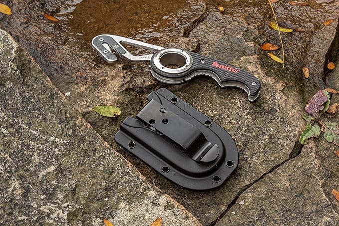 Smith's 51103 Folding Gut Hook &amp Seatbelt Cutter - Stainless Steel Razor Cutting Blade - GFN Textured Handle - Lightweight Compact + Portable - Sheath w/Pocket Clip