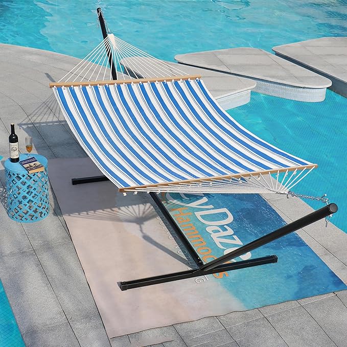 Lazy Daze Hammocks Quick Dry Hammock with Spreader Bar Textliene Fabric Double 2 Person Hammock with Chains Outdoor Patio Poolside Backyard Beach 450 lbs Capacity Blue Stripes