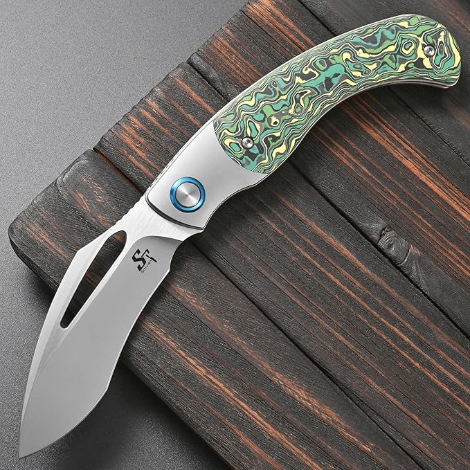 Sitivien ST270 Folding Knife M390 Steel Blade Titanium &amp Carbon Fiber Handle Knife with Pocket Clip for Men Women Outdoor Camping Hiking Survival(Green)