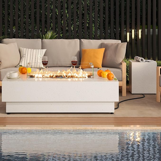 IRONCK 50-Inch Outdoor Propane Fire Pit Table w Tank Table CSA Certified Rectangular Patio Fire Pit w Glass Rocks Wind Guard and Cover 58000 BTU 2 in 1 Outdoor Heater for Deck Garden White