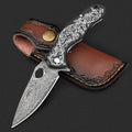 KOMWERO Damascus Pocket Knife with 2.95 VG10 Steel Blade Folding Knife with Aluminum Alloy Non-Slip Handle EDC Knife with Leather Sheath and Pocket Clip for Men Women Camping Survival Hiking