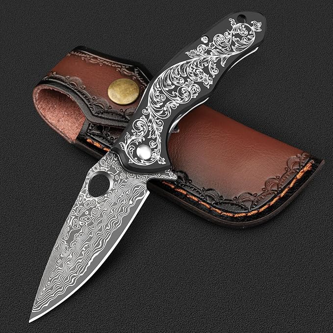 KOMWERO Damascus Pocket Knife with 2.95 VG10 Steel Blade Folding Knife with Aluminum Alloy Non-Slip Handle EDC Knife with Leather Sheath and Pocket Clip for Men Women Camping Survival Hiking