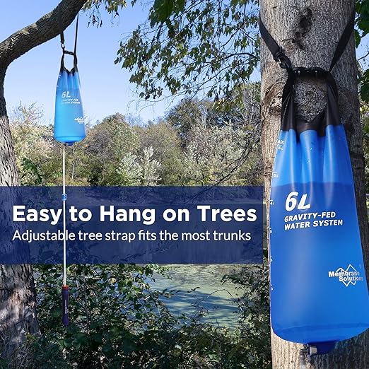 Membrane Solutions Gravity Water Filter Pro 6L NSF/ANSI 42&amp372&amp401 Certified 0.1 μm Versatile Water Purifier Camping with Adjustable Tree Strap Storage Bag Survival Gear for Emergency Prepa