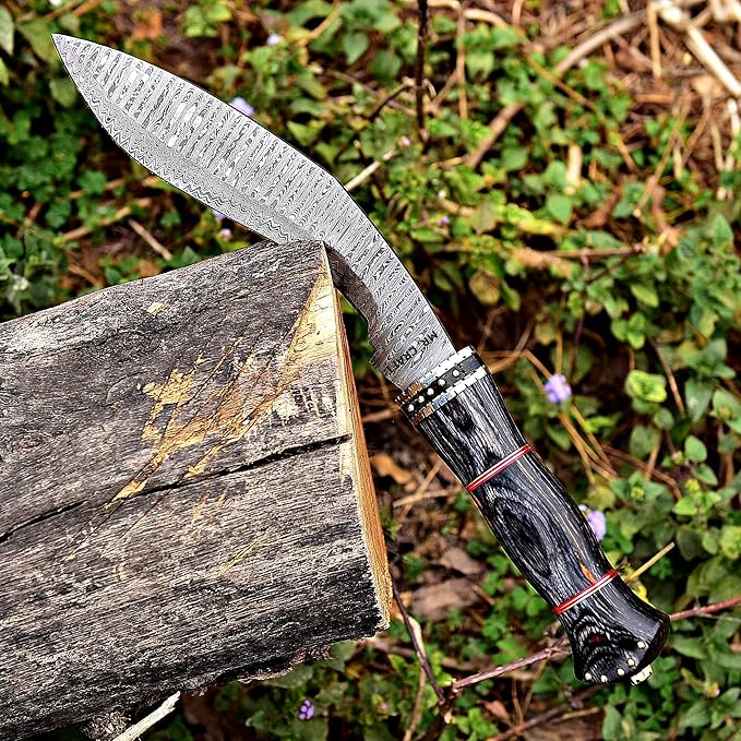 MR. CRAFT Custom Handmade Traditional Kukri Damascus Steel Fixed Blade Knife With Sheath Full Tang Heavy Duty Camping Knives - Gifts for Men (Black Wood &amp Brass Studs)