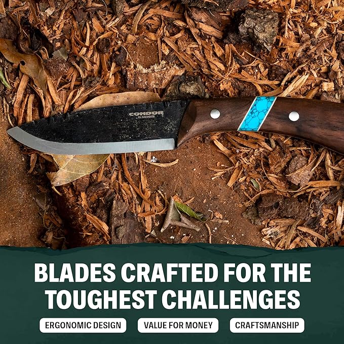 Condor Tool &amp Knife Blue River Fixed Blade Knife - 1095 High-Carbon Steel Blade with Full-Tang Construction - Walnut Handle with Turquoise Stone Inlay - Ideal for Bushcraft Camping &amp Survival