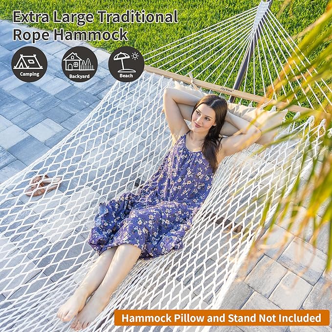 JoyView Traditional Rope Double Hammock - Hand Woven Polyester Hammock with Hardwood Spreader Bar 450lb Capacity for Outdoor Indoor Patio Yard - White