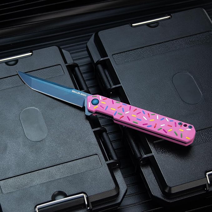 BELLIA BORS EDC Donut Folding Pocket Knife D2 Steel Blade with Anti-slip Handle Pocket Clip Outdoor Camping Hunting Fishing