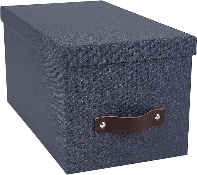 Bigso Box of Sweden Silvia Organizational Storage Box with Leather Handle for Shelves and Stacks Easily - Durable and Decorative Storage Boxes with Lids - 5.9 in x 6.5 in x 11.6 in - Blue
