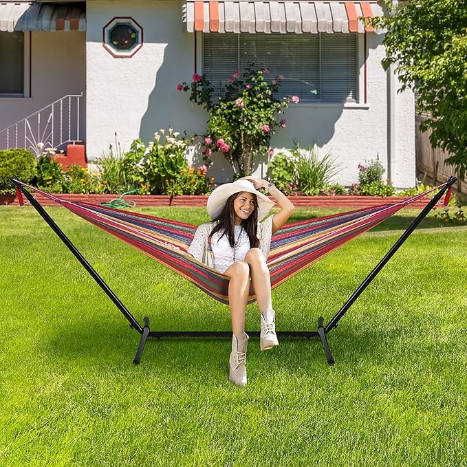 Double Hammock with Space Saving Steel Stand 400 lb Capacity Portable Hammock Frame Stand Heavy Duty for 9 to 13Feet Hammocks Carry Bag Included