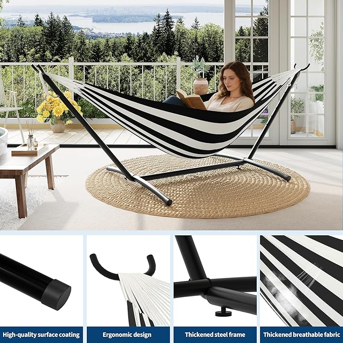 Double Hammocks with Stand for Outside Portable Space Saving Heavy-Duty Steel Stand for Indoor Outdoor Patio with Carrying Bag 450 lbs Capacity