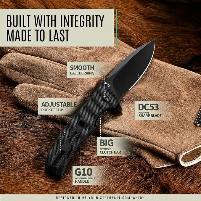 STARFISH Folding Knife 2.9 DC53 Steel PVD Titanium Coating Blade Pocket Knife with G10 Handle and Clip Lightweight Sharp Camping Hiking Daily Work Knives(black)