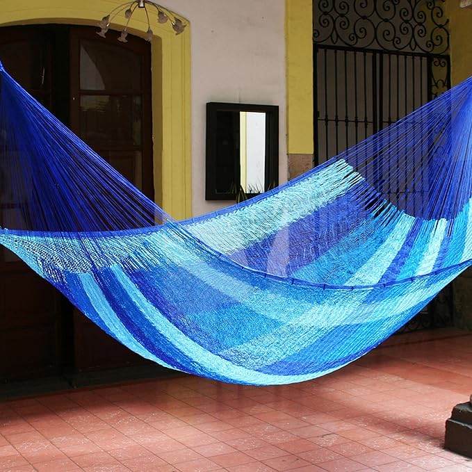 NOVICA Multicolor Sky Blue Striped Hand Woven Nylon Mayan 1 Person Rope Hammock 'Blue Caribbean' (Single)